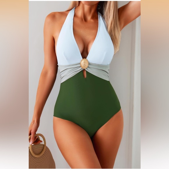 Eagerbuy Green and Light Blue Colorblock Swimsuit - Picture 7 of 13
